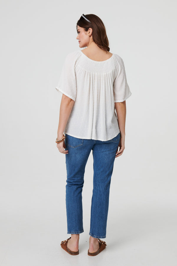 White | Textured Semi Sheer Shirred Bardot Top