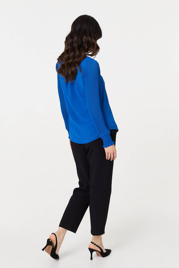 Blue | Keyhole Cut-Out Neck Long Sleeve Blouse