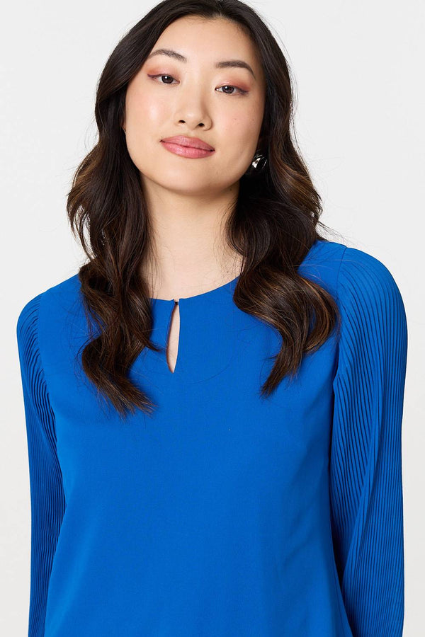 Blue | Keyhole Cut-Out Neck Long Sleeve Blouse