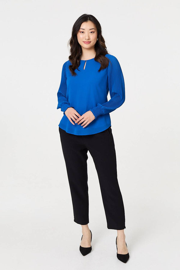 Blue | Keyhole Cut-Out Neck Long Sleeve Blouse