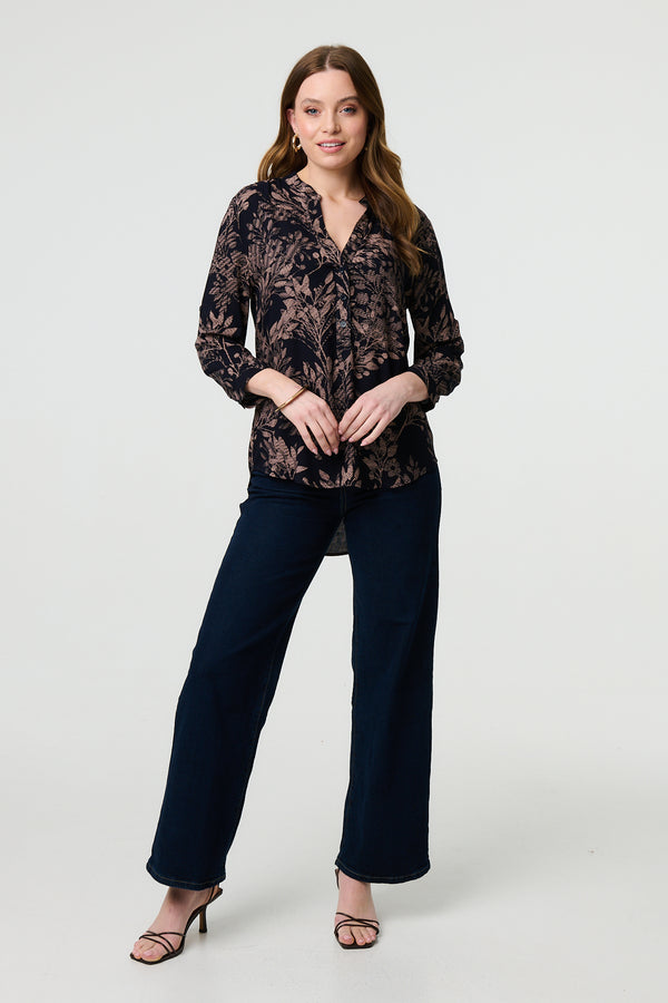 Navy | Leaf Print 3/4 Sleeve Collarless Shirt