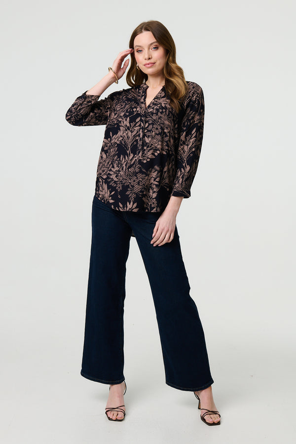 Navy | Leaf Print 3/4 Sleeve Collarless Shirt