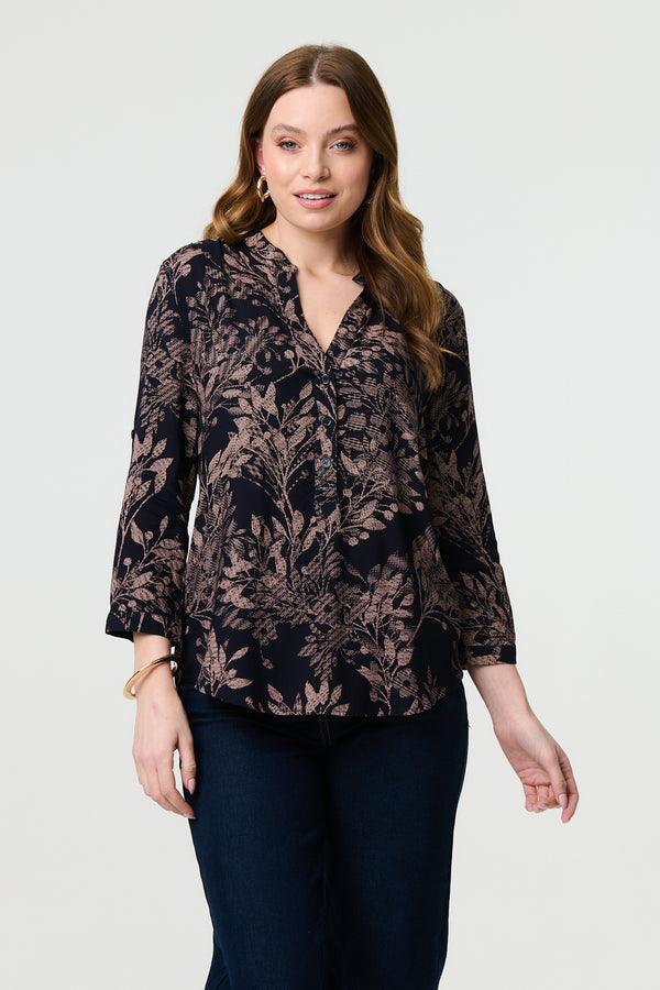 Navy | Leaf Print 3/4 Sleeve Collarless Shirt