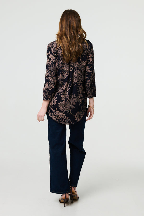 Navy | Leaf Print 3/4 Sleeve Collarless Shirt