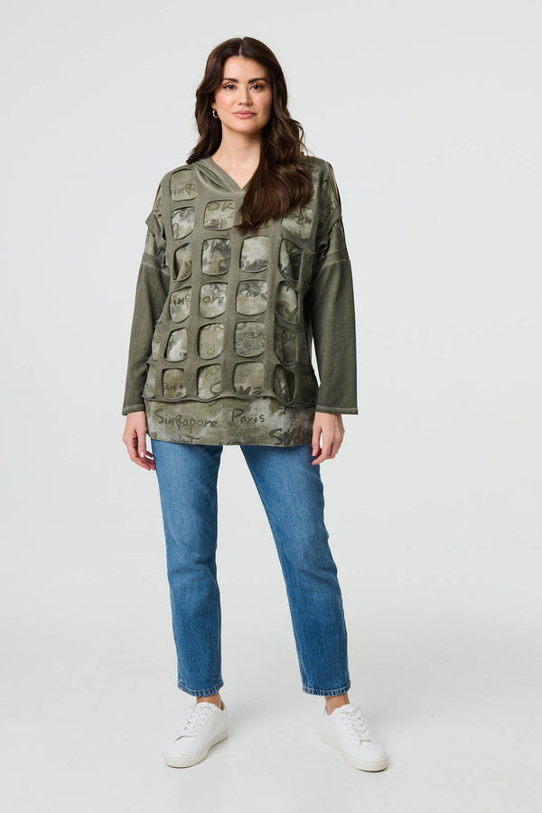 Khaki | Graphic Print Cut Out Layer Hoodie