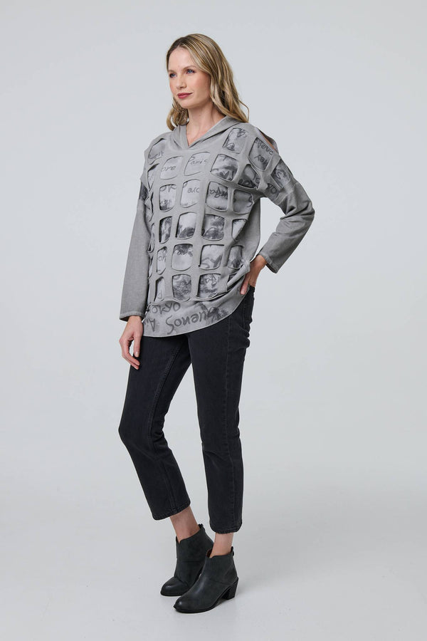 Silver | Graphic Print Cut Out Layer Hoodie