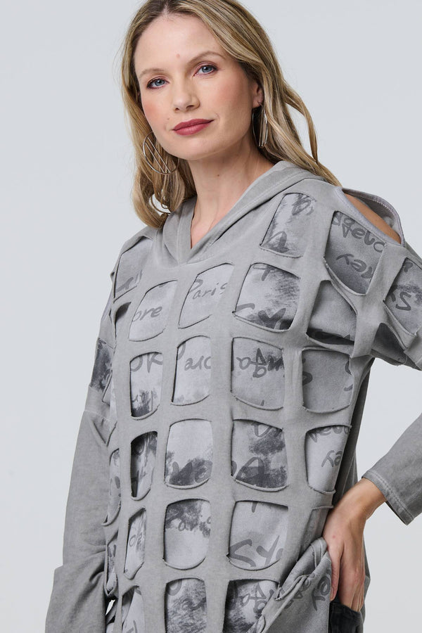Silver | Graphic Print Cut Out Layer Hoodie