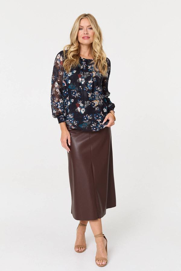 Blue | Floral Semi Sheer Long Sleeve Blouse