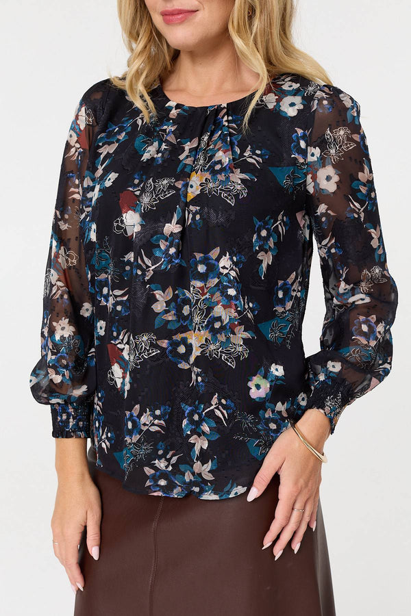 Blue | Floral Semi Sheer Long Sleeve Blouse
