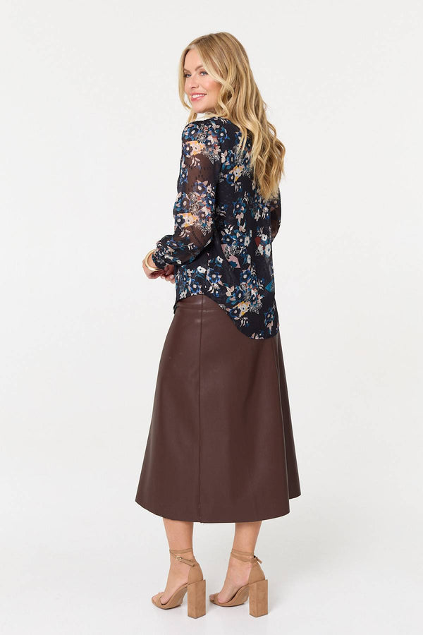 Blue | Floral Semi Sheer Long Sleeve Blouse