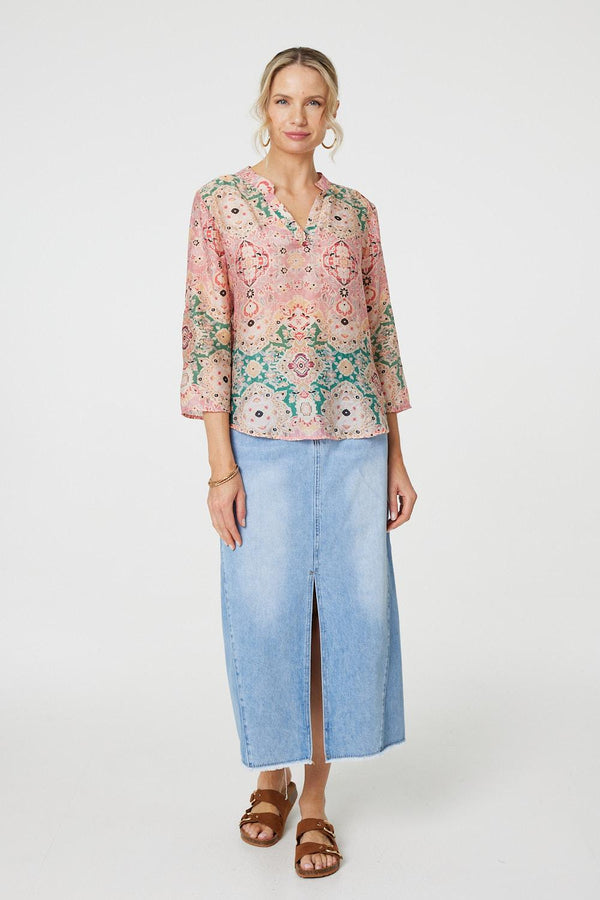 Green | Printed 3/4 Sleeve V-Neck Relaxed Blouse