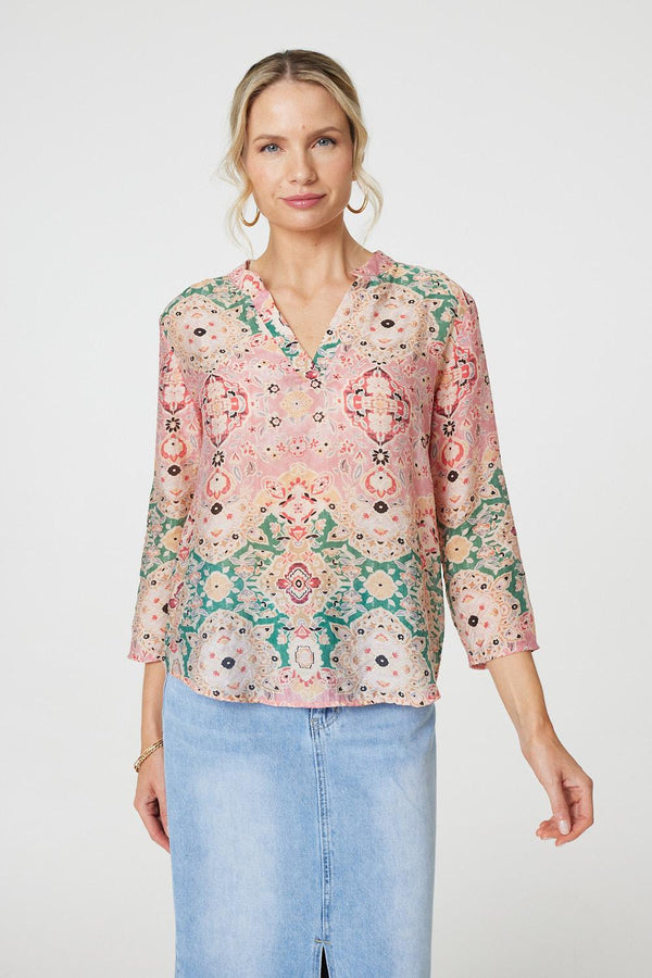 Green | Printed 3/4 Sleeve V-Neck Relaxed Blouse