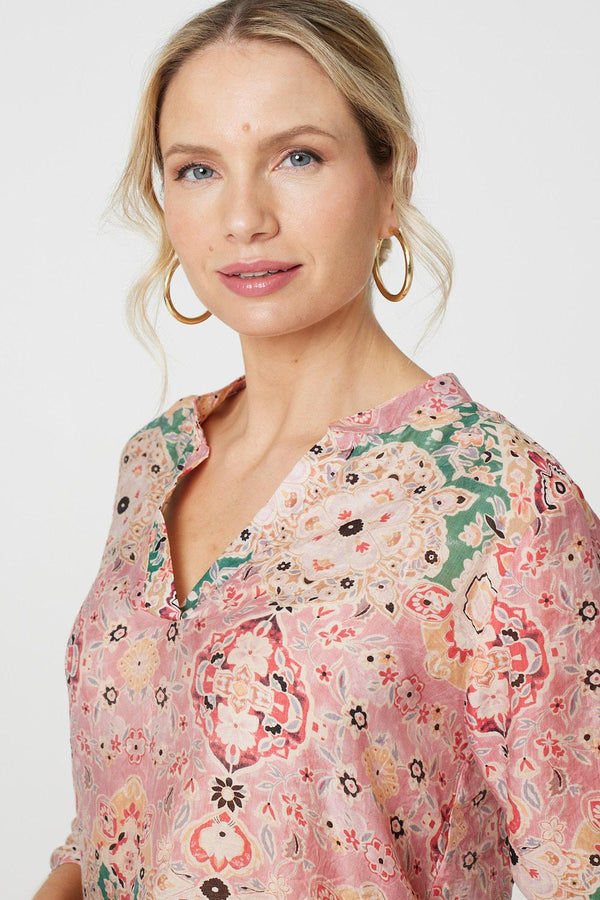 Green | Printed 3/4 Sleeve V-Neck Relaxed Blouse