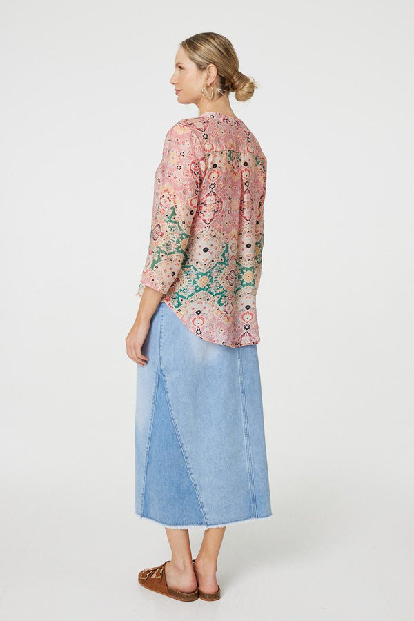 Green | Printed 3/4 Sleeve V-Neck Relaxed Blouse