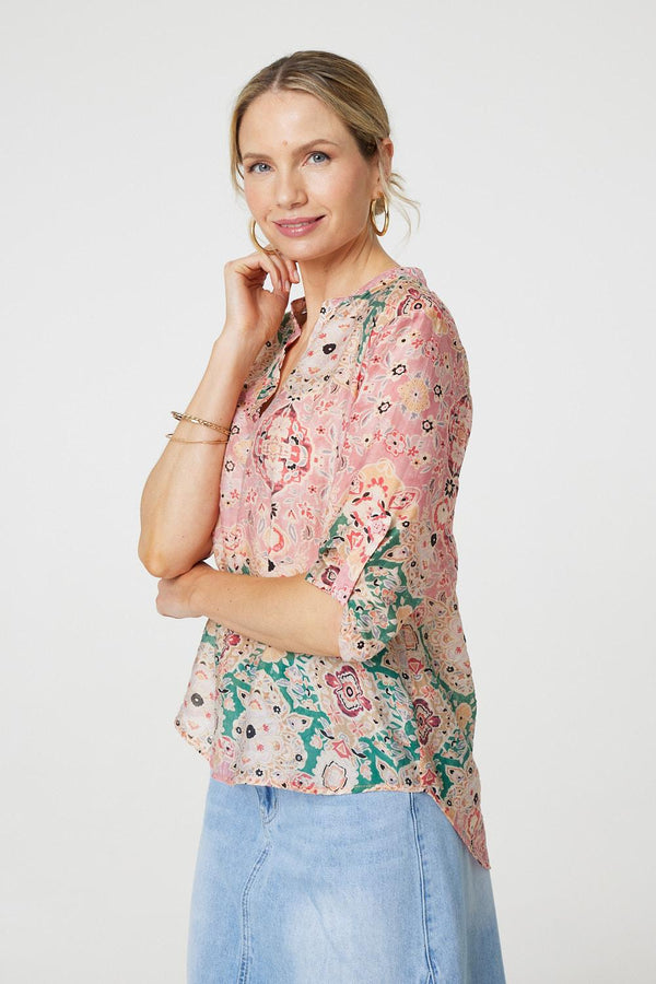 Green | Printed 3/4 Sleeve V-Neck Relaxed Blouse