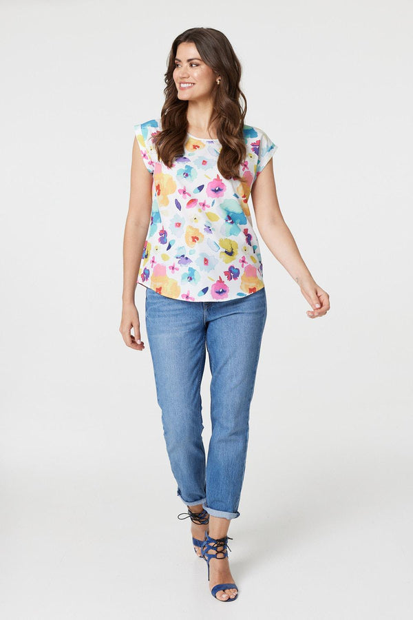 White | Floral Print Turn-Up Cap Sleeve Shell Top