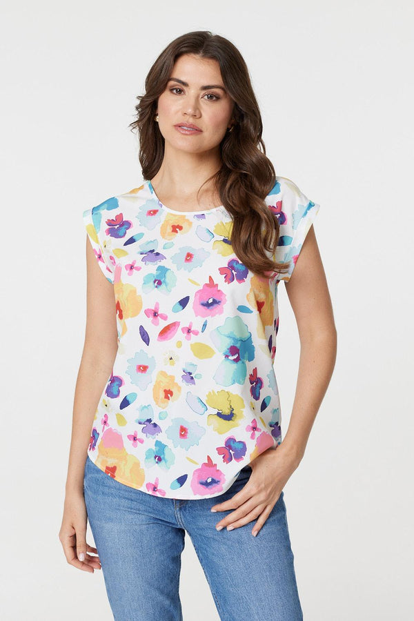 White | Floral Print Turn-Up Cap Sleeve Shell Top
