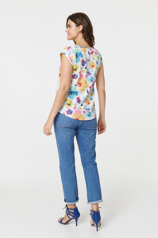 White | Floral Print Turn-Up Cap Sleeve Shell Top