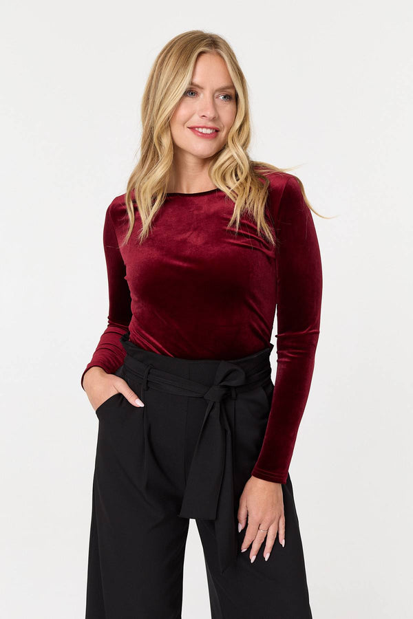 Red | Velour Soft Texture Long Sleeve Slim Top