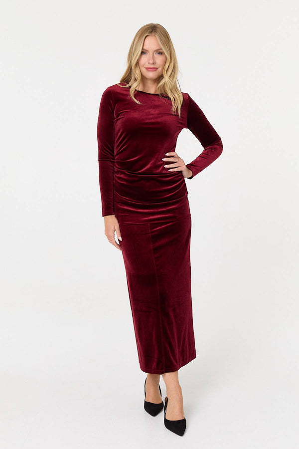Red | Velour Texture High Waist Midi Skirt