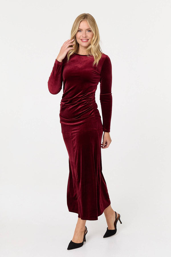 Red | Velour Texture High Waist Midi Skirt