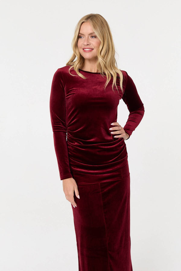 Red | Velour Texture High Waist Midi Skirt