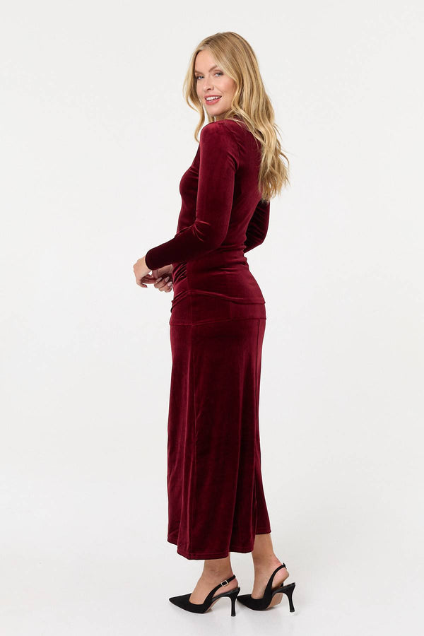 Red | Velour Texture High Waist Midi Skirt