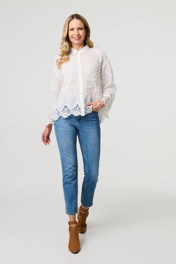 White | Embroidered Lace Long Sleeve Shirt