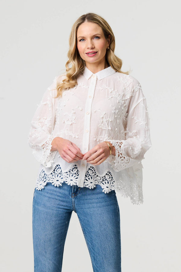 White | Embroidered Lace Long Sleeve Shirt