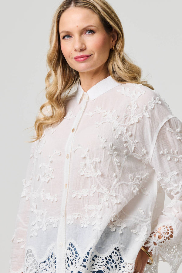White | Embroidered Lace Long Sleeve Shirt