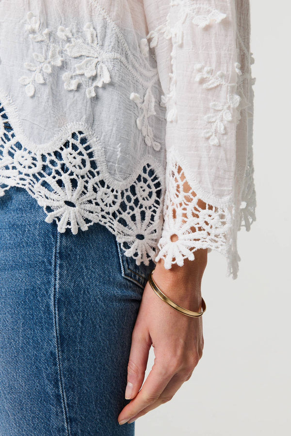 White | Embroidered Lace Long Sleeve Shirt