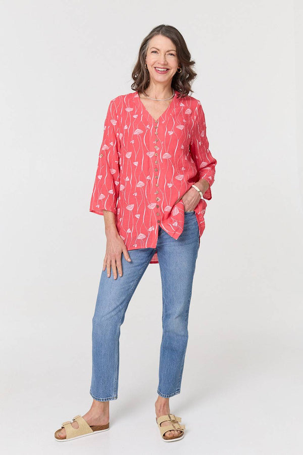 Red | Printed Curve Hem V-Neck Tunic Blouse