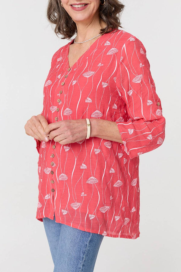 Red | Printed Curve Hem V-Neck Tunic Blouse