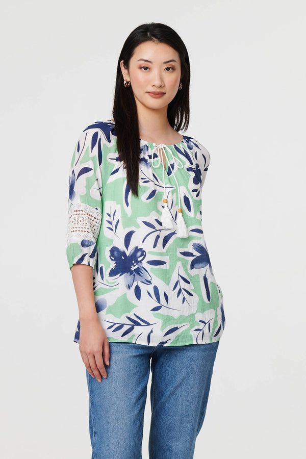 Green | Leaf Print Lace Trim Bardot Blouse