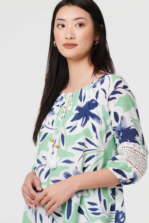 Green | Leaf Print Lace Trim Bardot Blouse