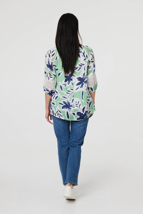 Green | Leaf Print Lace Trim Bardot Blouse