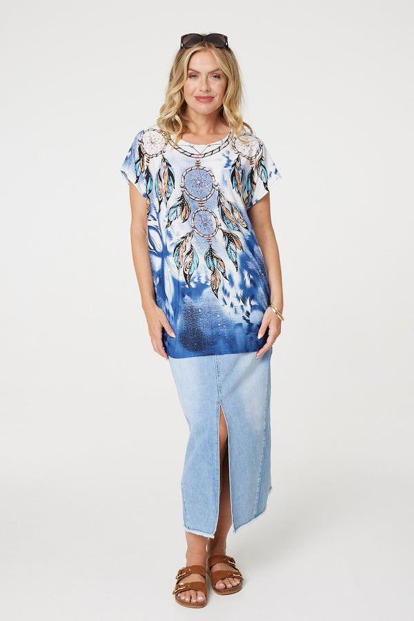 Navy | Embellished Feather Print Tunic Top