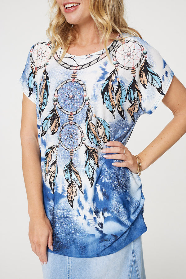 Navy | Embellished Feather Print Tunic Top
