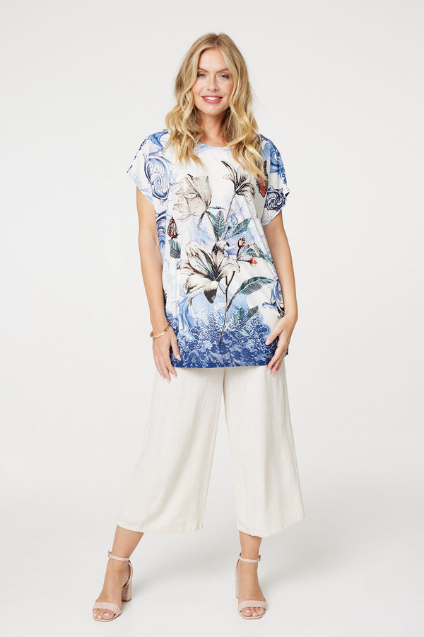 Blue | Embellished Floral Tunic Top