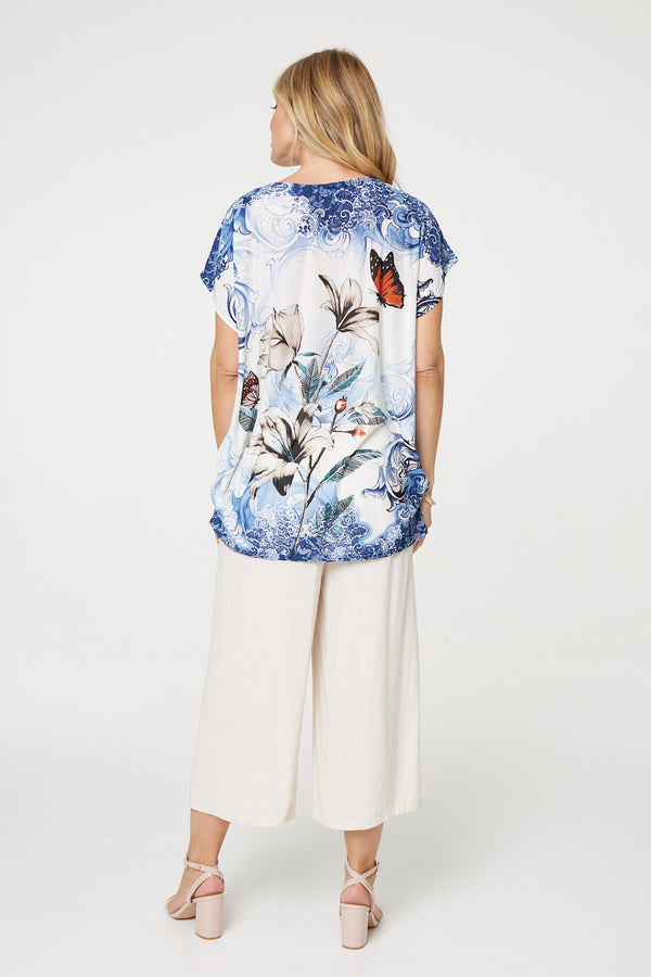 Blue | Embellished Floral Tunic Top