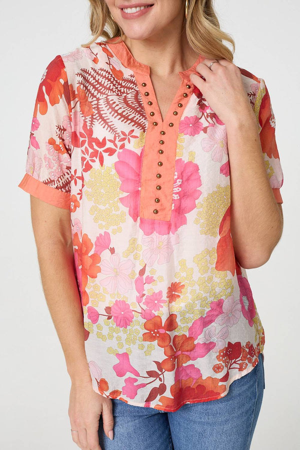 Orange | Floral Short Sleeve Stud Trim Blouse
