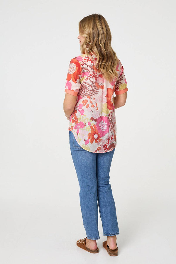 Orange | Floral Short Sleeve Stud Trim Blouse