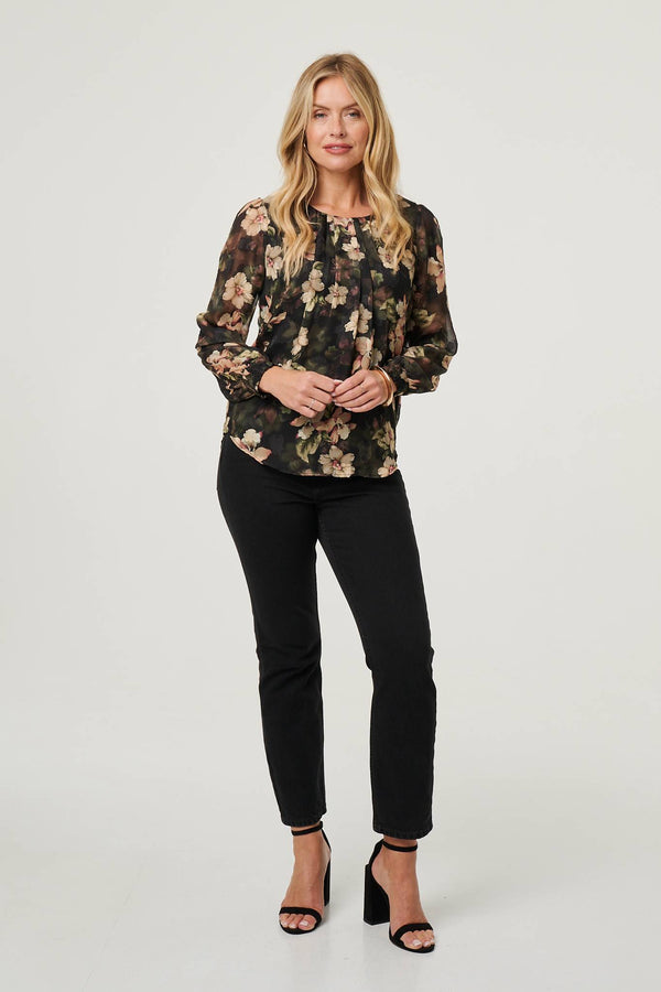 Green | Floral Long Sleeve Chiffon Layer Blouse