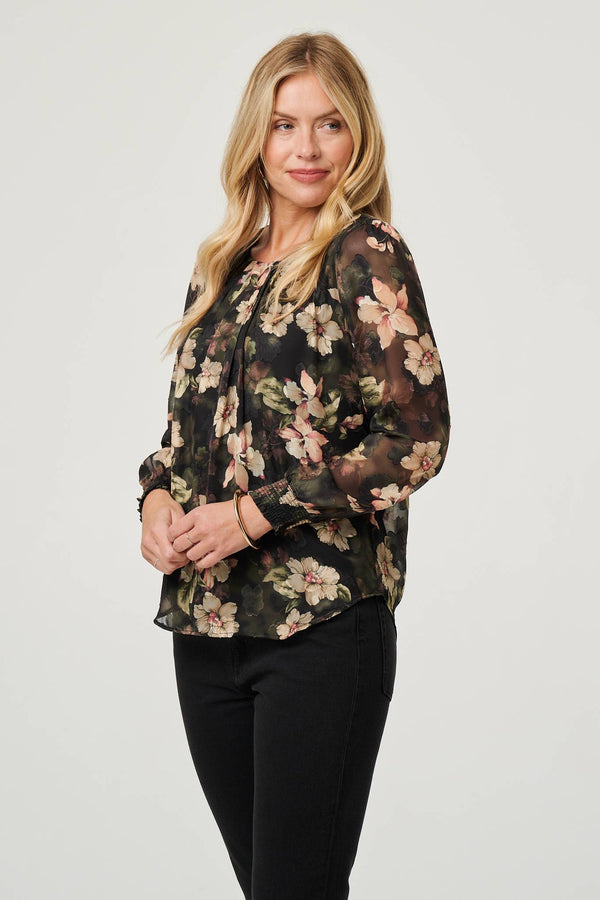 Green | Floral Long Sleeve Chiffon Layer Blouse
