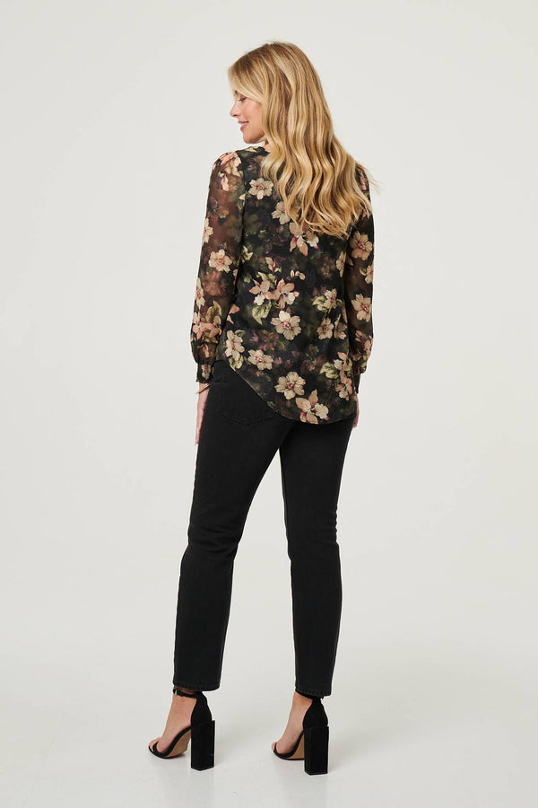Green | Floral Long Sleeve Chiffon Layer Blouse
