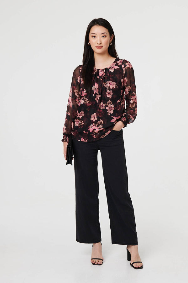 Pink | Floral Long Sleeve Chiffon Layer Blouse