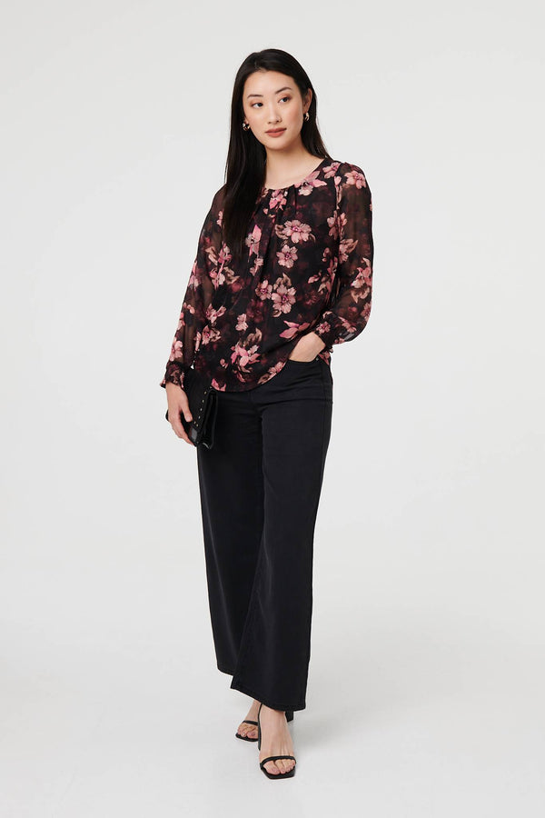 Pink | Floral Long Sleeve Chiffon Layer Blouse