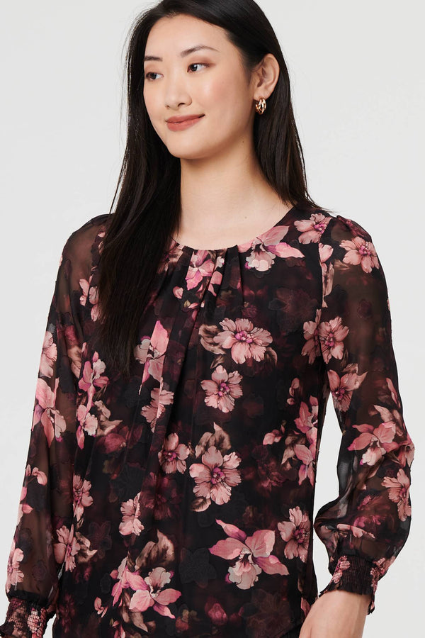 Pink | Floral Long Sleeve Chiffon Layer Blouse