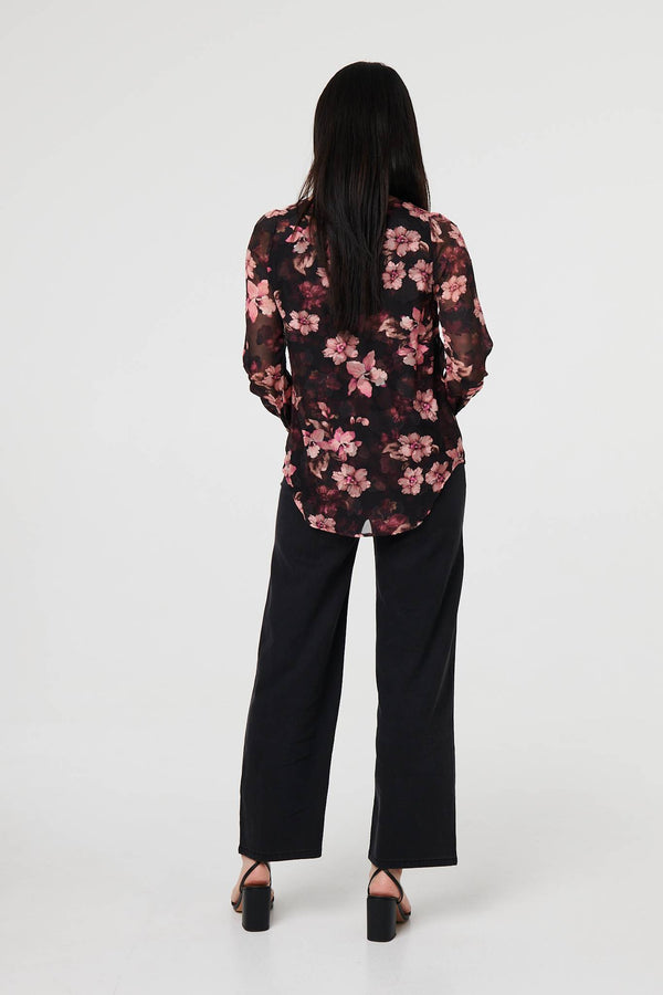Pink | Floral Long Sleeve Chiffon Layer Blouse