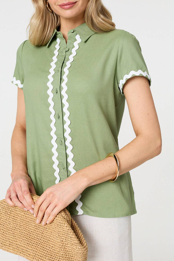 Sage | Zig Zag Trim Short Sleeve Shirt